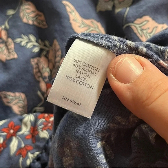 J. Jill Sz M Modal Denim Blue Floral Long Sleeve Tunic Blouse Trim Casual Vneck - Picture 7 of 10